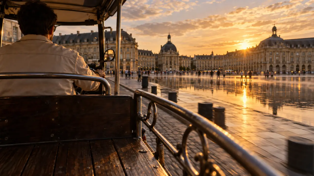 Visiter bordeaux en tuk tuk : vue golden hour sur la Place de la Bourse