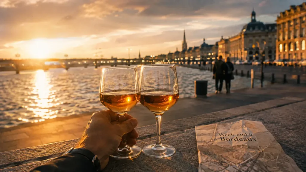 Week end amoureux bordeaux sur les quais, couple et verres de vin au coucher du soleil