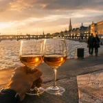 Week end amoureux bordeaux sur les quais, couple et verres de vin au coucher du soleil
