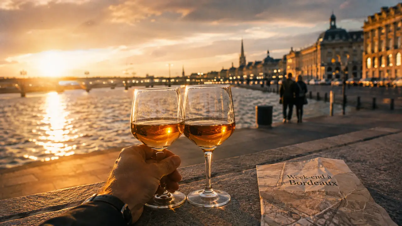 Week end amoureux bordeaux sur les quais, couple et verres de vin au coucher du soleil