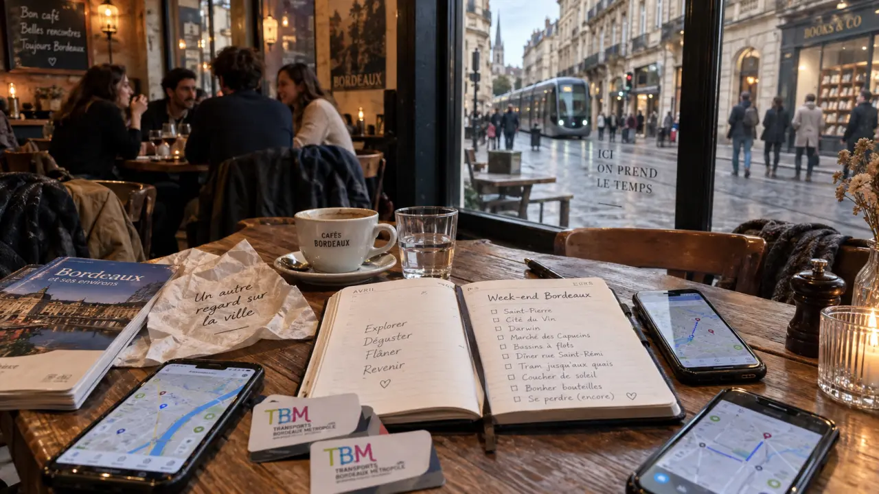 Week end groupe Bordeaux : plan et téléphones dans un café à Bordeaux