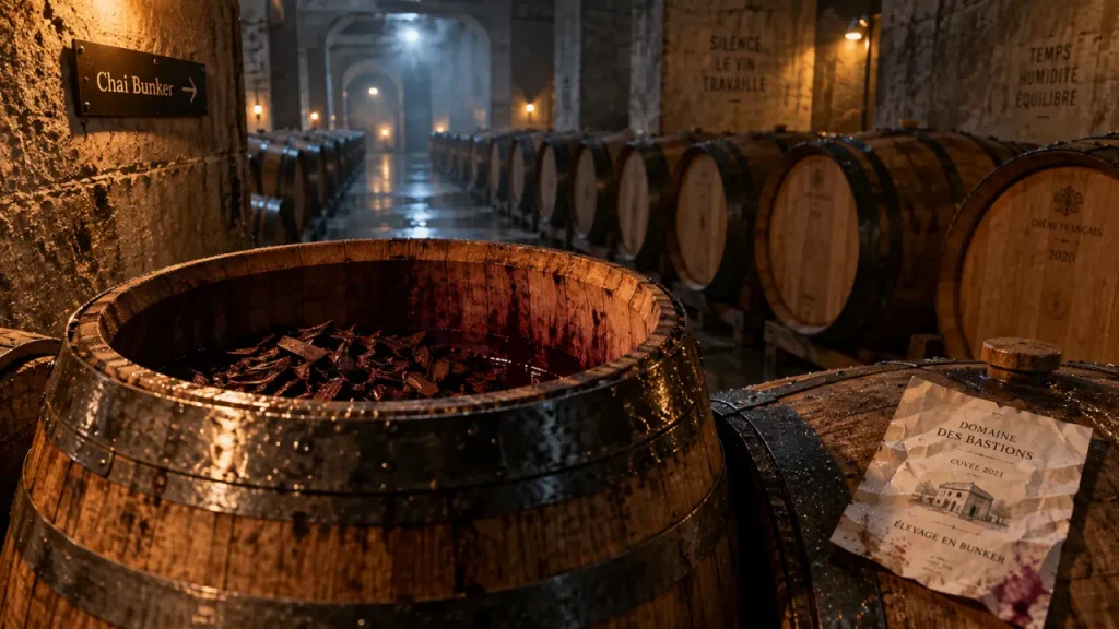 Whisky bordeaux : chai bunker avec fûts de chêne