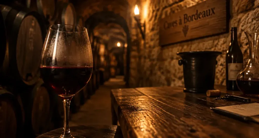 Caves à visiter Bordeaux : allée de cave avec barriques et dégustation