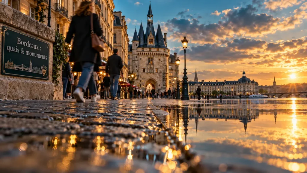 Comment visiter Bordeaux : quai et porte Cailhau, reflets sur la Garonne