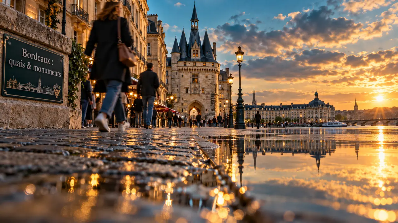 Comment visiter Bordeaux : quai et porte Cailhau, reflets sur la Garonne