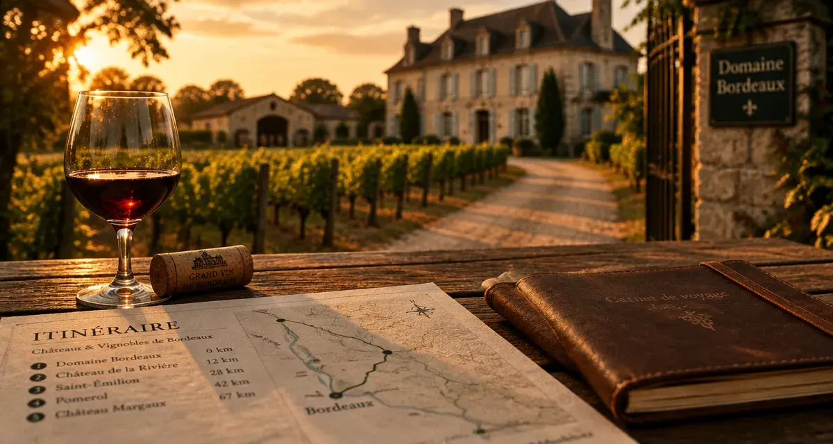 Domaine viticole a visiter bordeaux : fiche itinéraire, carnet et verre de dégustation près des vignes