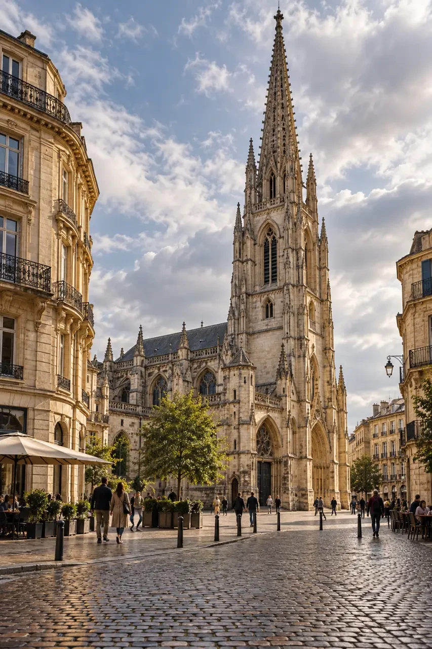 Quartier Saint-Michel à Bordeaux avec la basilique et sa flèche