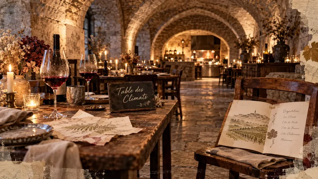 La table des climats à Dijon : intérieur voûté, verres à vin et tables