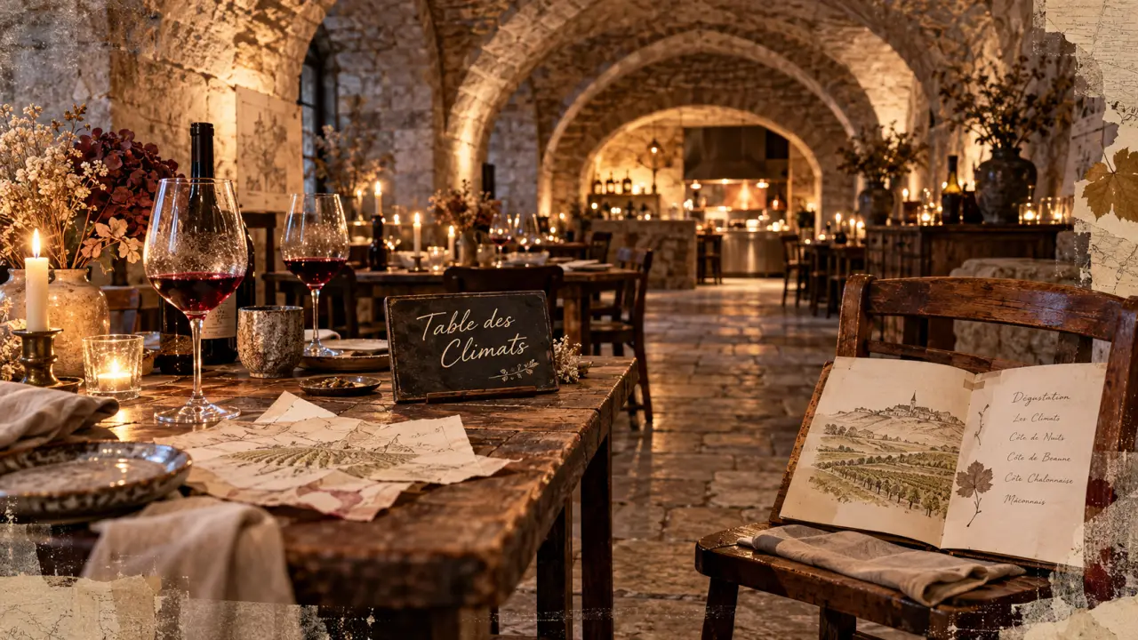 La table des climats à Dijon : intérieur voûté, verres à vin et tables