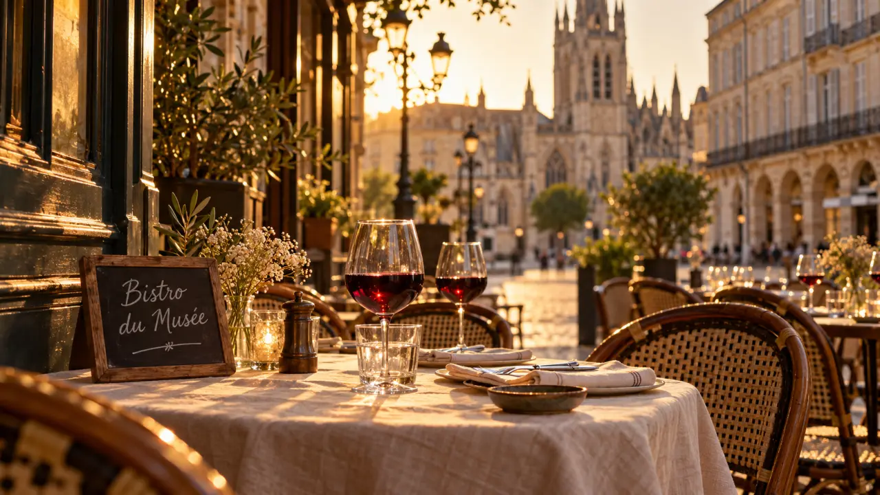 Le bistro du musée à Bordeaux sur la terrasse Pey Berland, verres de vin au coucher du soleil