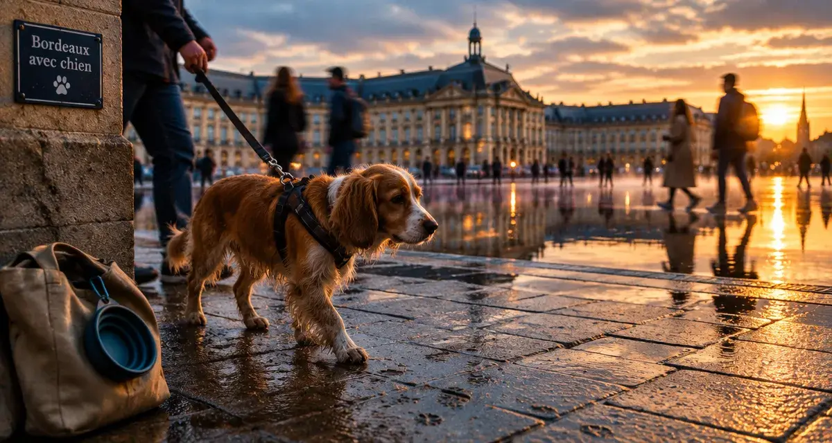Visiter bordeaux avec un chien : chien en laisse près des quais, Bordeaux