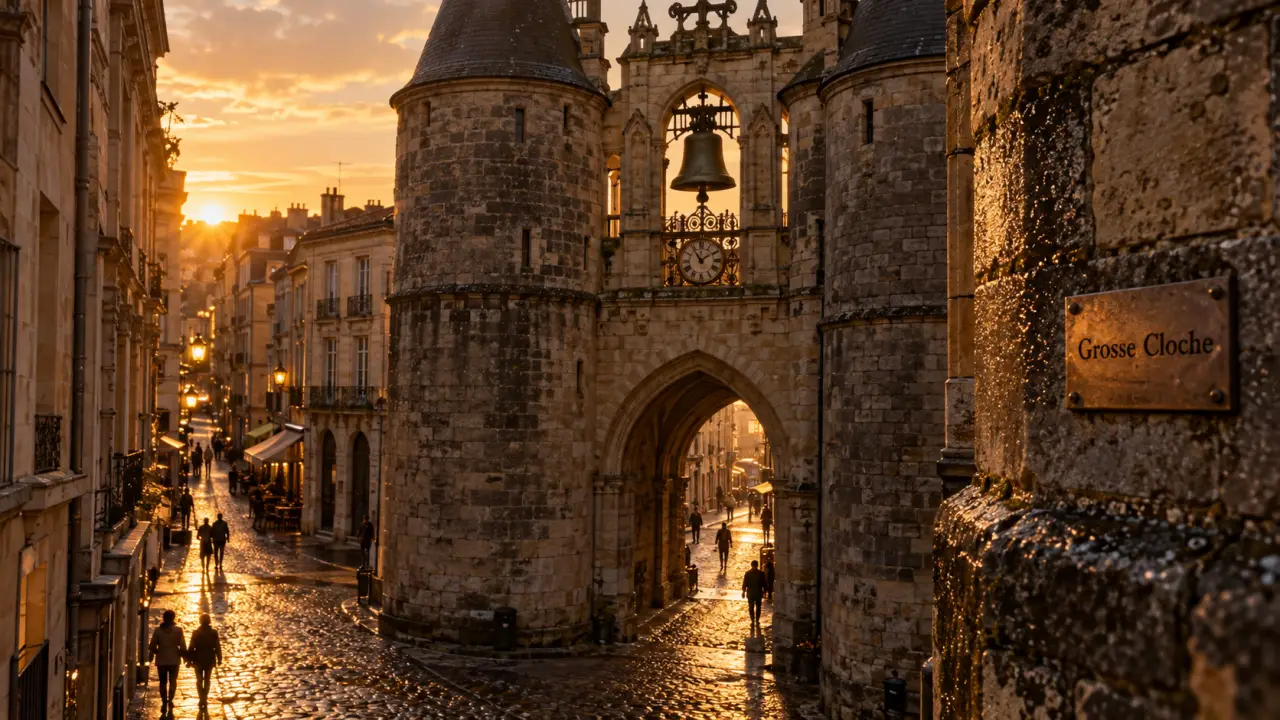 Visiter la grosse cloche Bordeaux : entrée et beffroi au coucher du soleil